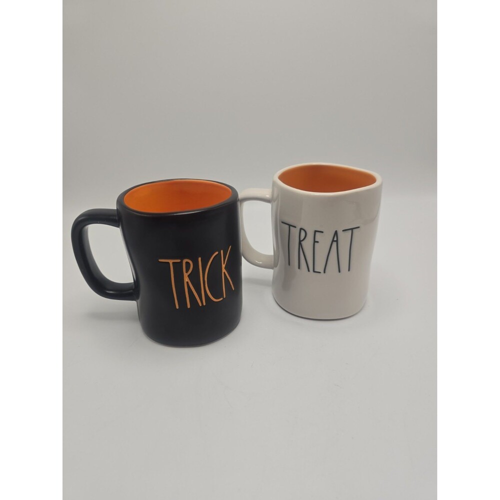 LOT of 2 RAE DUNN "TREAT" & "TRICK" Coffee Mug In Black And White Halloween